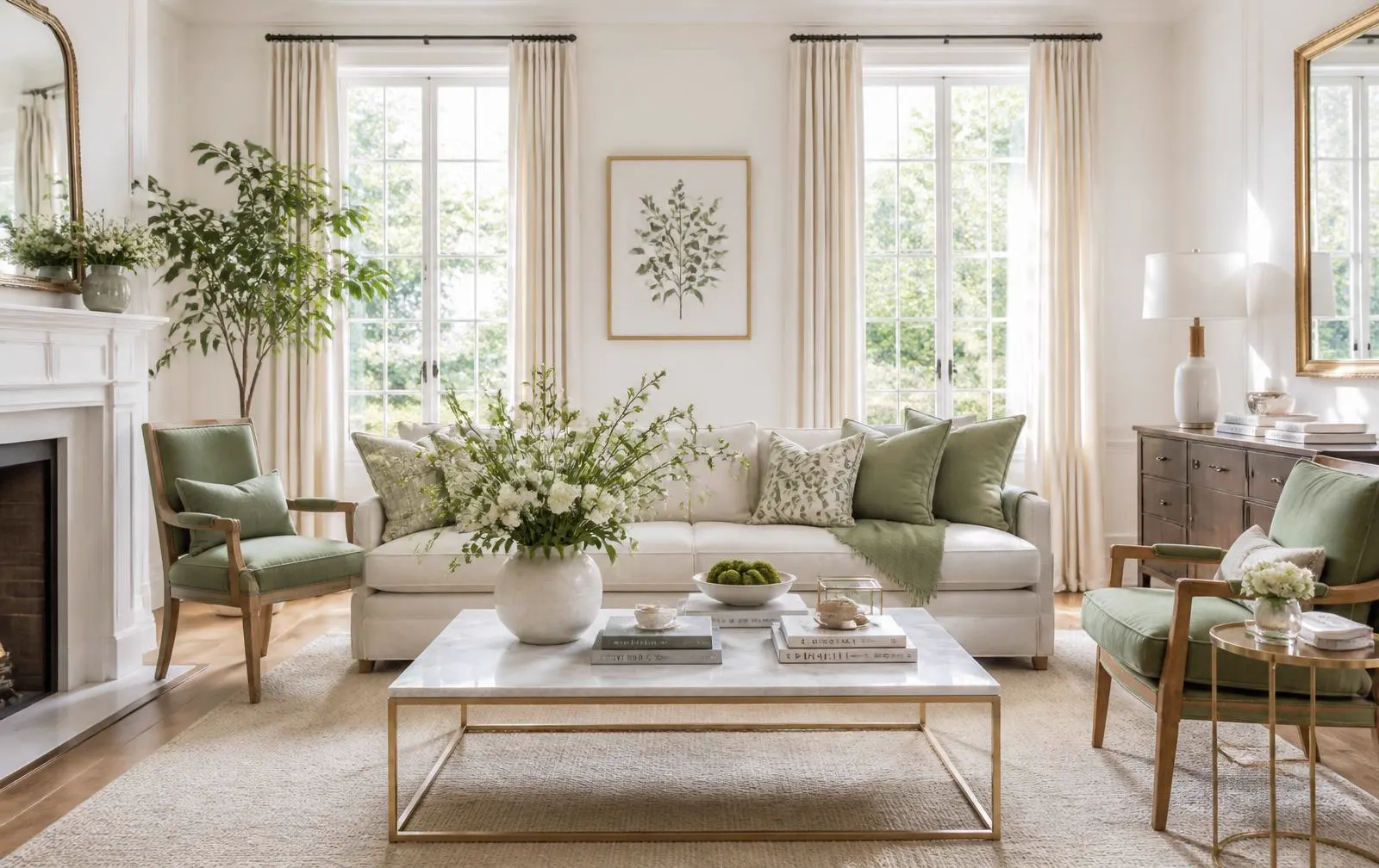 Sparkling clean living room with sage accents and natural light